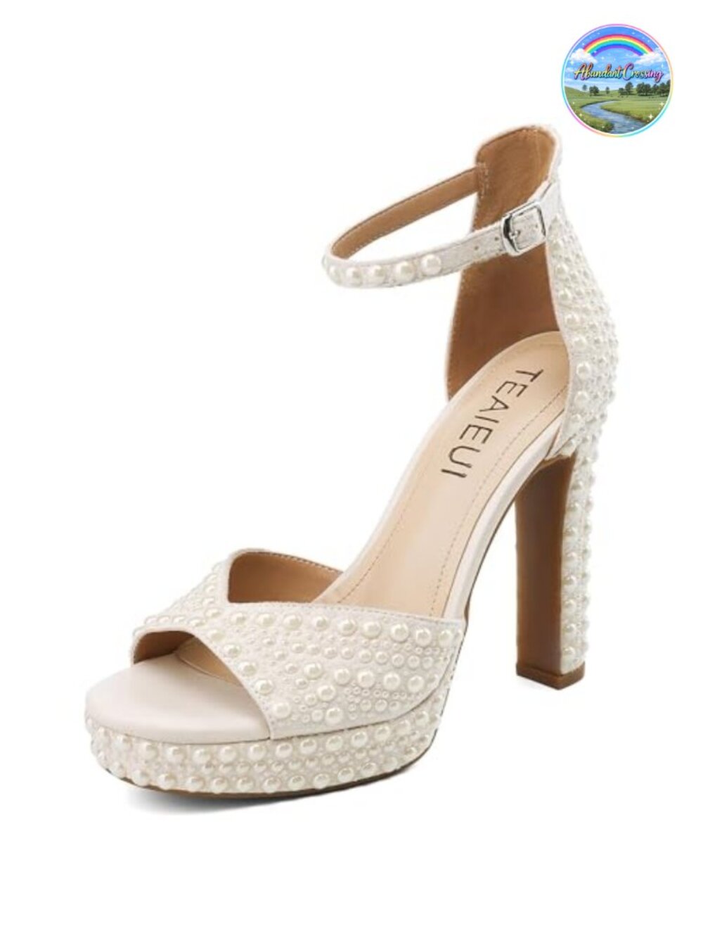 Pearl Platform Heels for Women, Peep Open Toe Block Heeled Sandals with Ankle
